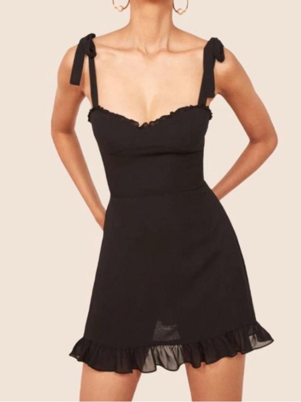 Reformation Christine Black Tie-Shoulder RuffleHem Mini Dress Sz6